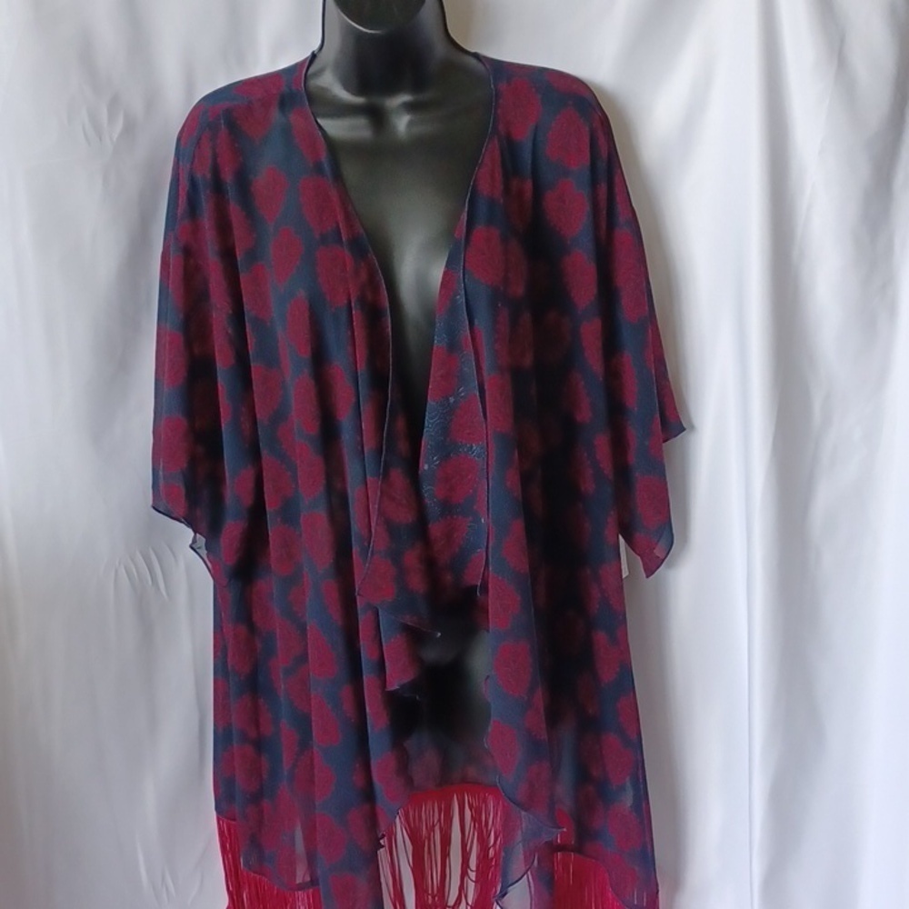 LuLaRoe "Monroe" Kimono, Navy & Hot Pink, fringe, L
